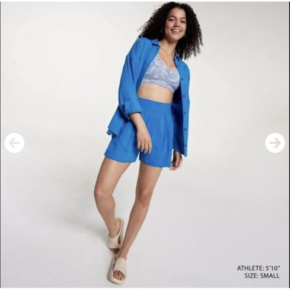 CALIA Inverted Pleat Pull On Royal Blue Elastic Waist 5” Inseam Shorts Large New - Picture 2 of 7